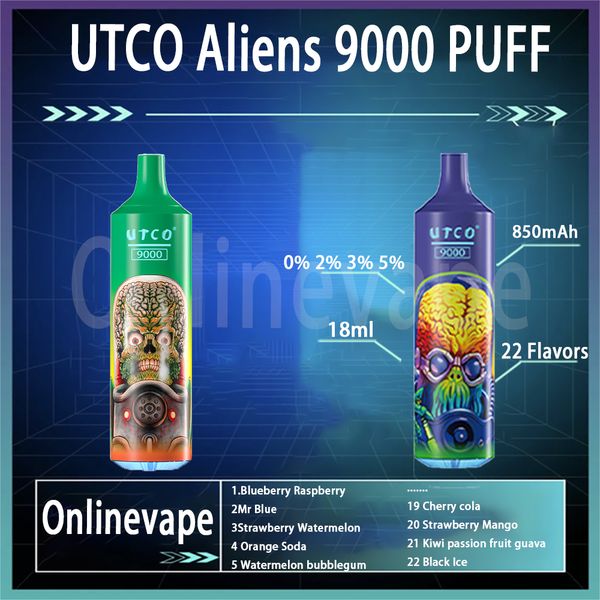 Autêntico UTCO Aliens 9000 Puffs Vape descartável 22 Sabores de 18 ml Dispositivo preenchido 850mAh tipo C Recarregável Bobina de malha de bateria 9K e cigarros