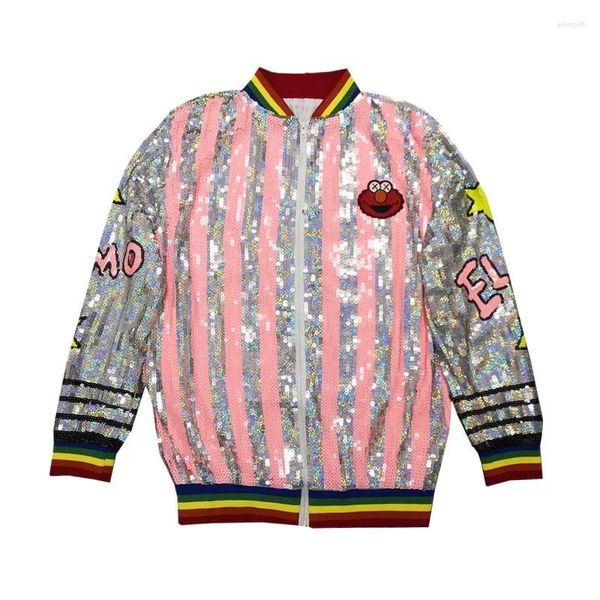 Jackets femininos feminino com zíper de lantejoulas punk europeu engraçado casaco de desenho animado casual americano listras coloridas de moda de moda de moda