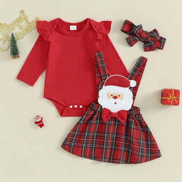 Roupas conjuntos de roupas para meninas roupas de Natal Romances de manga longa Papai Noel e Tree Patch Plaid Suspense Saias da cabeça 3pcs Conjunto