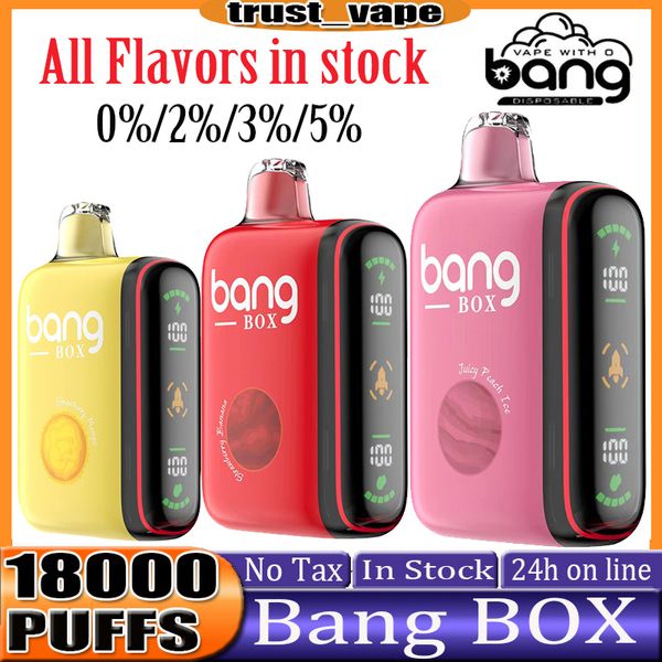 Bang Box 9-18k Puffs Disponível Puff 18000 E Cigarros 18000 Puff 0% 2% 3% 5% 26 ml Preso preenchido 850mAh Bateria recarregável Tela inteligente