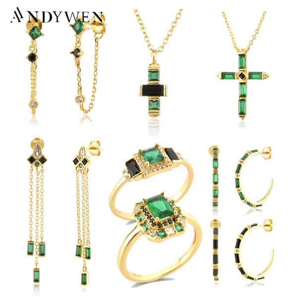 Collane Andywen 925 Sterling Silver Gold Green Black Green Oreger Cross Collana Gioielli anelli Anillo Fino Sabrina zircone Jewels