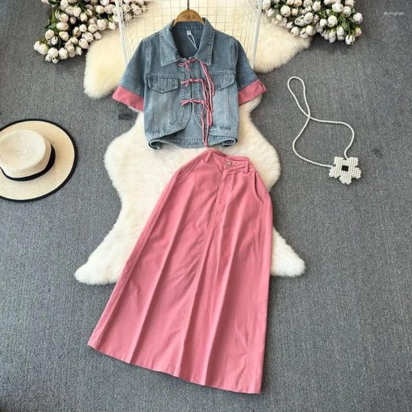 Giacche da donna Scapa da abito in denim rosa Skirt a due pezzi sottile a vita alta a vita alta stile retrò in stile country