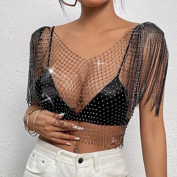 Magliette da donna Donne Shiny Sinestone Fishnet Hollow Out Mesh Short Tops Fashion Trendy See attraverso Tasel T-Shirt Party Cround Up Up Up Up Up Up Club