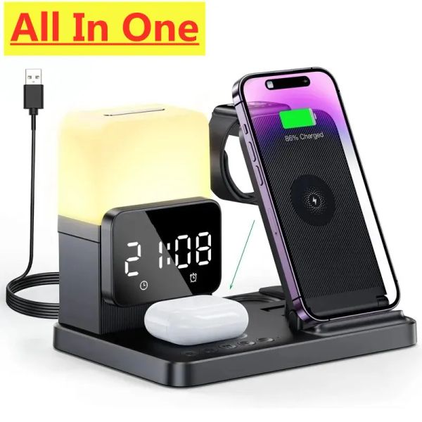 Carregadores 6 em 1 Charger sem fio Stand Pad Alarm Clock Lâmpada dobrável Estação de doca de carregamento rápido para iPhone 14 13 12 11 Iwatch 8 7 AirPods