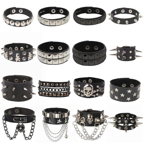 Skull Star Heart Punk Gothic Rock Três fila Metal Stud Spikes Rivet PU Pulseira de pulseira de couro PU