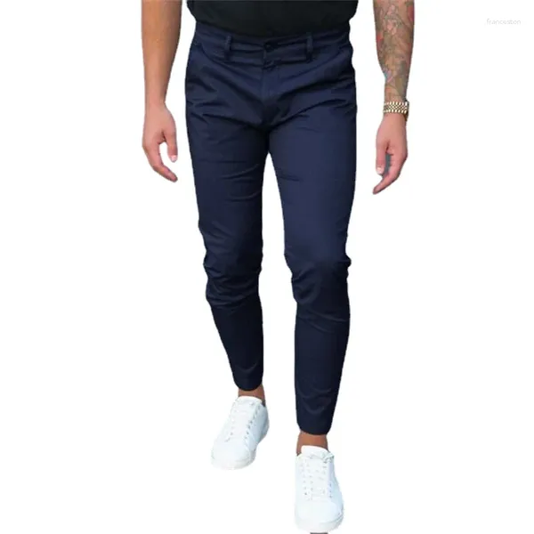 Calças masculinas Europeias e American Solid Color Fitting Pocket Busined Business Casual Slim Fit Leg Small