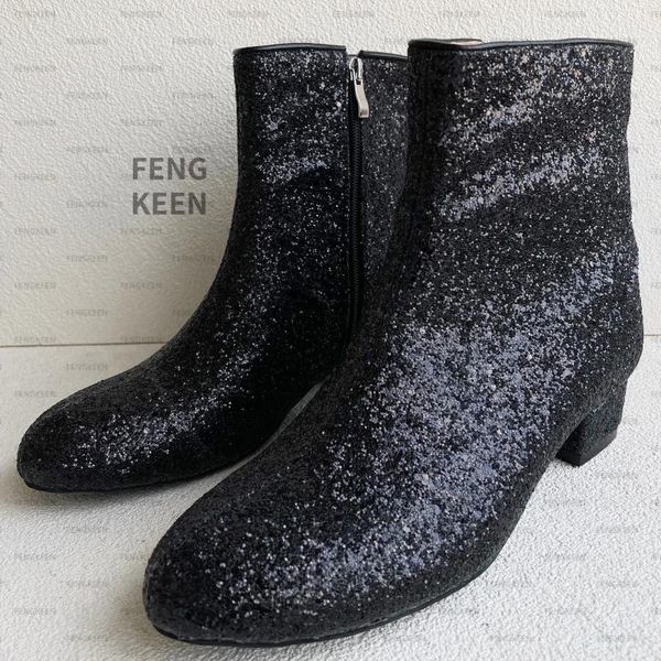 Botas fengkeen artesanais homens femininos robustos grandes grandes tamanhos shinny bling preto estilo glitter salto baixo bootie salto de tornozelo 19 51