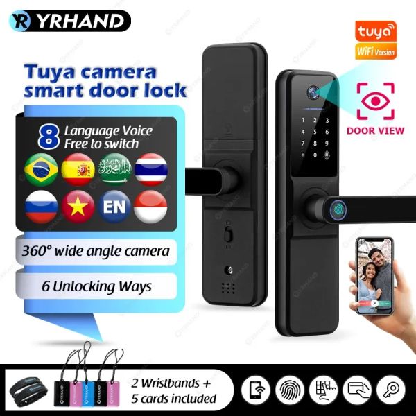 Controle Yrhand H01 Fechadura Eletronica Tuya Wi -Fi Digital Electronic Smart Door Lock com impressão digital da câmera biométrica IP66 Smart Lock