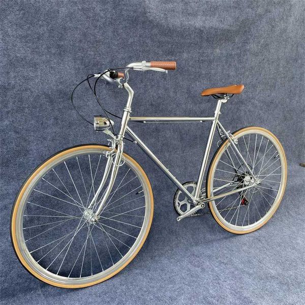 Bisikletler Vintage Bike Yol Bisiklet Bisiklet Bisiklet Parçaları 700C Tekerlek Yüksek Karbon Çelik Çerçeve Elektrofüz Gümüş Y240423