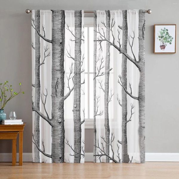 Cortina cinza Birch Birch Tree Ramos cortinas puras para decoração da sala de estar Tulle Voile Organza Janela de cozinha quarto