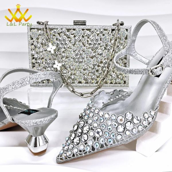 Scarpe eleganti feste est italiano in stile sexy da donna set di sacchetti abbinati con cristallo splendente in argento
