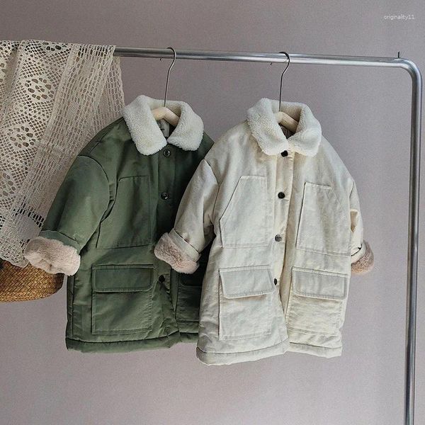 Jaqueta infantil de casaco para baixo inverno meninos e meninas coreanos engrossam casacos longos moda mais veludo garotos quentes do vento bebê bebê