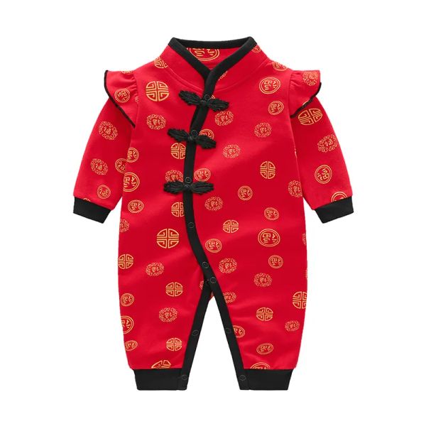 One-Pieces Chinesische Stil rote Rolpper Neugeborene Mädchen Prinzessin Langarm Frühling Overall reine Baumwollbabys Kleidung