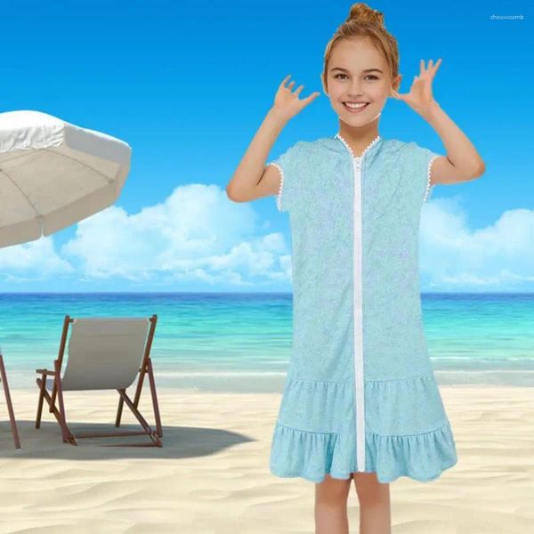 UV -Schutz Mädchen schwimmen Vertuschen Sie das Strandkleid von Mädchen mit Kapuzensonnen Rüschen Patchwork Hem Reißverschluss für den Pool für den Pool