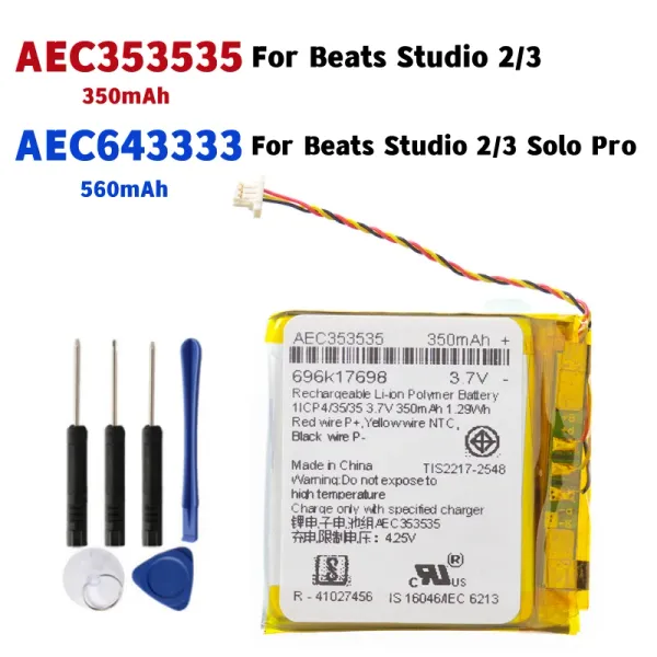 Baterias Novo Headset Bateria AEC353535 AEC643333 Para Beats Solo 2.0 3.0 Studio 2 3 Pro Solo2 3 Bateria sem fio + Ferramentas gratuitas