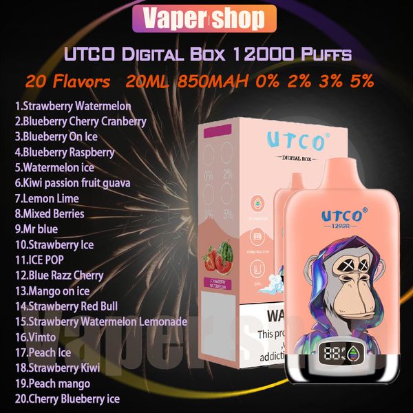 Utco Dijital Kutu 12000 Puf Tek Kullanılabilir Vape 20 Lezzetler 20ml Önceden doldurulmuş Cihaz 850mAh Tip-C Şarj Edilebilir Pil 12K E Sigara