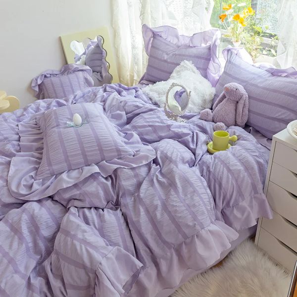 Sets lila Prinzessin Bettwäsche Set Solid Color Duvet Cover Kissenbezug Bettwäsche Zwilling Queen Kingsking Bettblatt Set Frau Mädchen Kawaii Set Set