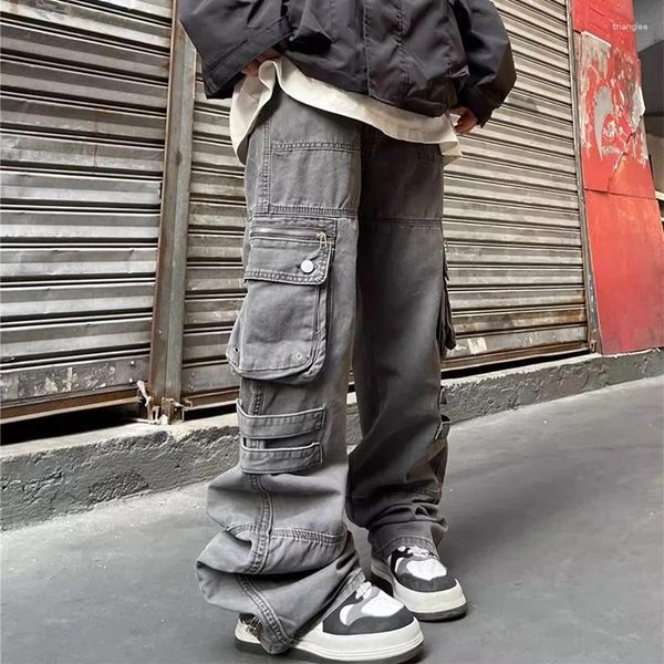 Мужские штаны Y2K Cargo Mens Mens Vintage Patches Pockets Design Loose прямые брюки 2024 весна летни