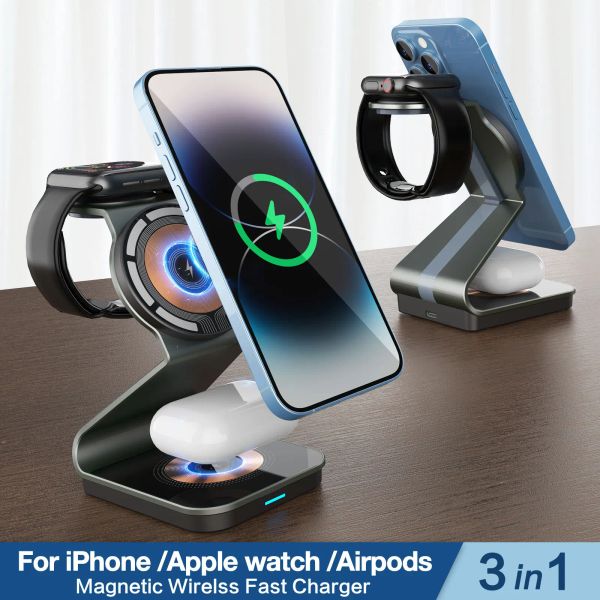 Station di ricarica wireless magnetico Chargers per Apple Series 3in1 Standard da 15W Caricatore magnetico veloce per iPhone AirPods iWatch