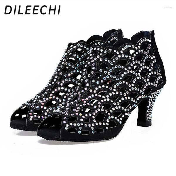 Sapatos de dança dileechi adulto feminino diamante latino lombardcia quadrado moderno calcanhar preto 75mm