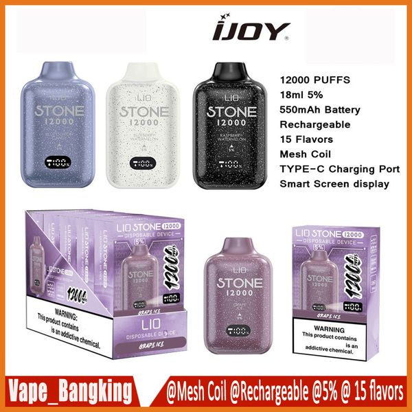 Ijoy Lio Stone 12000 Puff Einweg -Vape 15 Sorten Puff 12k E Zigarette 650mah wiederaufladbare Batterie Batterie 23 ml Patrone 5% Pod Vape Pen Bar gegen Bang 12k 15k Puff