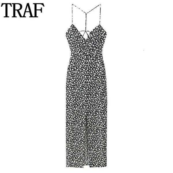 Traf Floral Halter Midi платье женщина черное печатное скольжение длинные платья Женщины Slit Summer Beach Dress Vintage Women Fomen