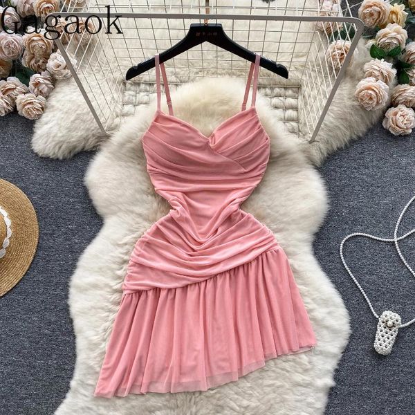 Lässige Kleider Gagaok Sommerkleid elegang sexy kurze einfache solide spaghetti gurt elastic bodcon Slim Women Mesh Rückenlosen Strand