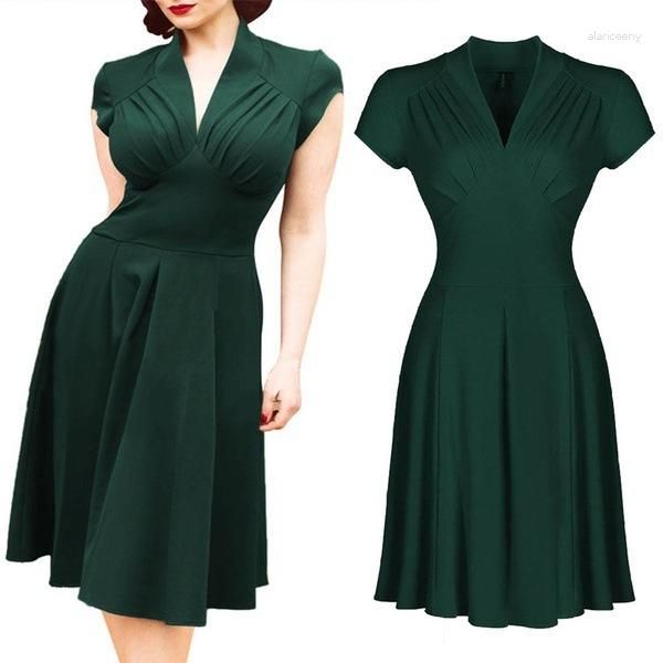 Lässige Kleider Vintage V-Ausschnitt kurzärmelig Hepburn Style Large Swing Kleid