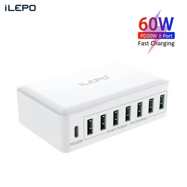 Hubs Ilepo 60W 8 Ports USB -Ladestation PD 20W Typ C Schnellladegerät Multi -Ports Lade -Hub mit LED -Display für iPhone Samsung