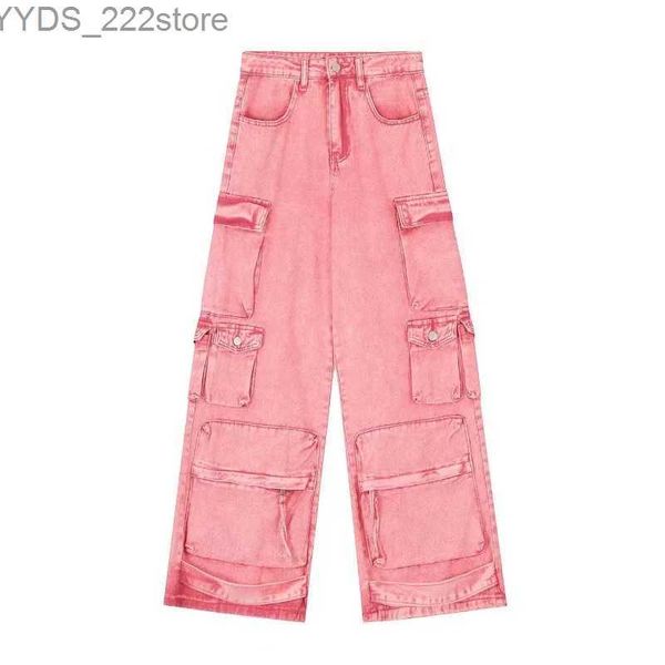 Jeans femininos rosa Multi Pocket Geral Jeans feminino y2k punk hip hop gótico jeans solto jeans 2023 outono novo American Vintage High Street YQ240423