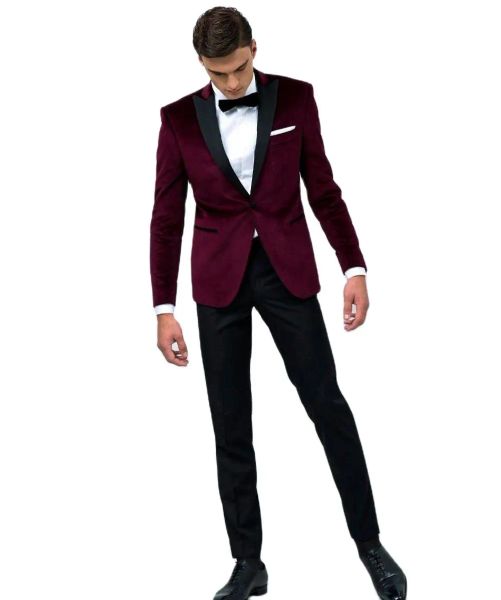 Giacche Fashion Vintage Velvet Vino Red Pesta Rosso Spilla da sposa per spicco per uomo Abbigliamento da sposa costume Homme Slimt Blazer Giacca+Pant