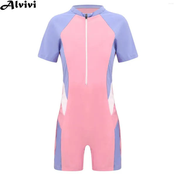 Frauen Badebekleidung Kinder Mädchen Einteilige Badeanzug-Hautausschlagschutz kurzärmelte gepolstert Reißverschluss Jumpsuit Surfing Sport Pool Beach Badeanzug