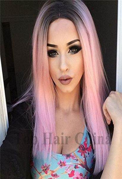 Top Hair China Fashion Ombre Pink Perücken Kylie Jenner 14inch Synthetische Perücken Glueless welliges schwarzes Wurzelpink Hitzebeständiges Haar Frauen W4834884