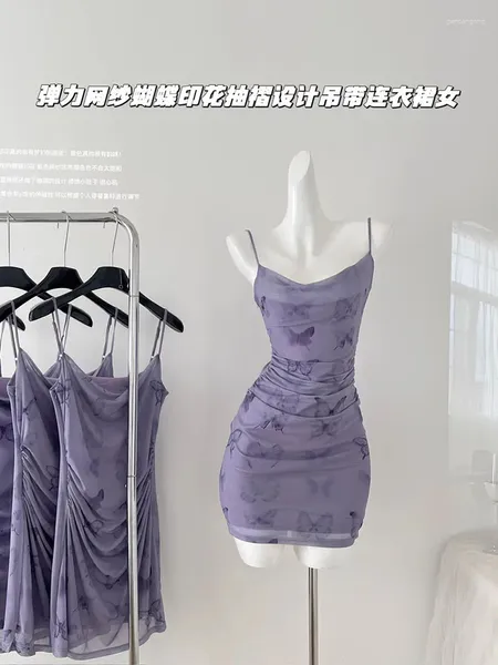 Повседневные платья дизайнерские буферфлайны печатные ремешки спагетти платье элегантное темперамент сексуальный марлейский корсет фиолетовый банкетный платье выпускное платье Кокет