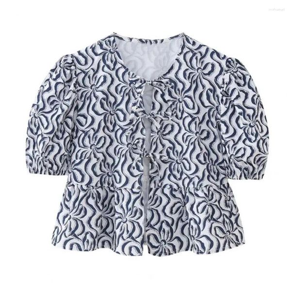 Camicette da donna arruffato orlo cardigan top eleganti a rotapa di stampa a quadri con boccone da scollo o-collo alla moda di chiusura per estate