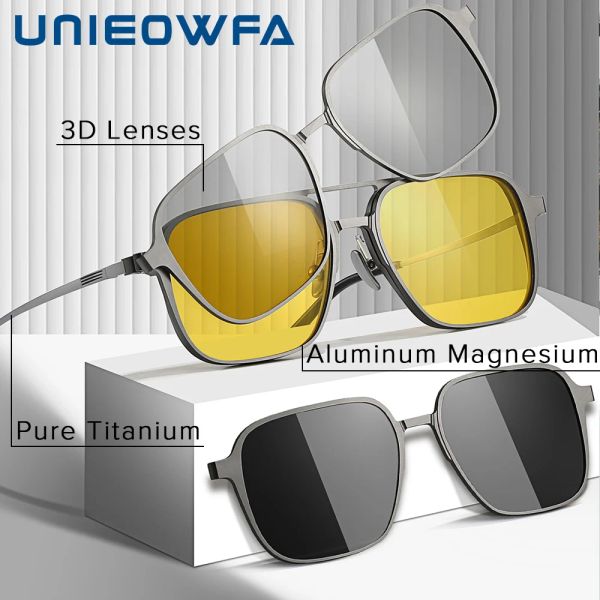 Linsen reiner Titanmagnetklamme auf Gläser Rahmen Männer Myopie Optisch Rezept Big Frame Brille Männliche 3D -Nachtsicht polarisiert