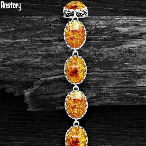 Stränge Ovale Blumen simulierte Amber Strang Armbänder für Frauen antike silberverlagte Vintage Look Mode Schmuck TB286