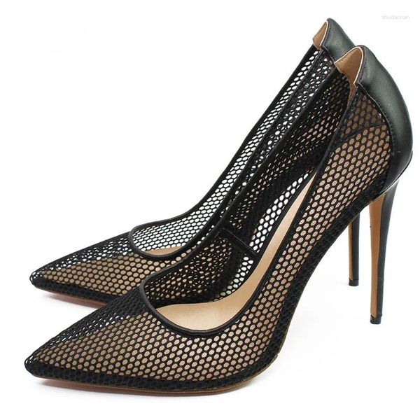 Kleiderschuhe 12 cm Party Pumps sexy Schuhe Schwarz Nackt Stöcketto Frauen Mesh Leder High Heels Spitzen Damen spitzer Zehen Plus Größe