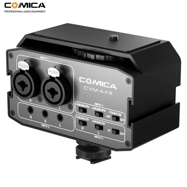 Microfones comica cvmax3 XLR Adaptador de áudio Adaptador Pré -amplificador Dual xlr/3,5mm/6,35mm misturador de porta para câmera de câmera canon nikon dslr