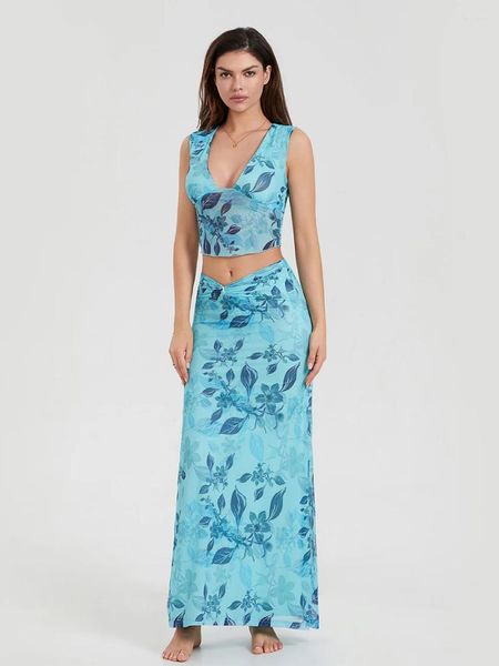 Abiti casual DONNE DONNE Summer 2 pezzi Long Skirt Set Floral Stampa floreale V Neck Crop Top Top Waist Set Outfits Beach Outfits Clubwear