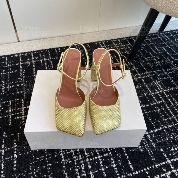 Spiegelqualität Designer Sandals Branded Classic Styles Frauen mit hohen Sandalen Square Zehen klobig 9,5 cm hochheelierte Schuhe Party Strass-Glitzer-Fersen 35-42 Größe