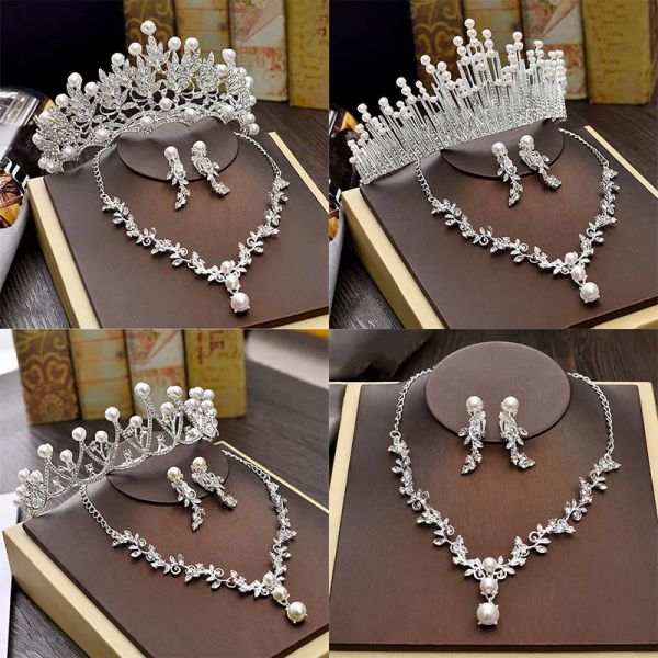 Colares de colar de noiva de luxo Conjuntos de jóias de casamento para joias de joalheria pérolas Tiara Brincos de coroa de festas de aniversário Acessórios para mulheres