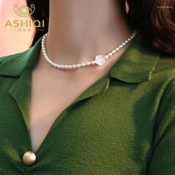 Pendenti ashiqi naturale natural acqua dolce perla 925 collana floreale con guscio d'argento sterling per donne girocollo gioiello regalo