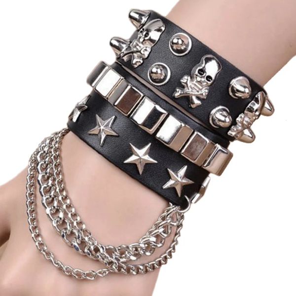 Strands Black Black Christband Goth Goth Goth Goth Gothic Metal Rivet Punk Skeleton Star Bracelet for Women Uomini Arma Arma Bands Cosplay