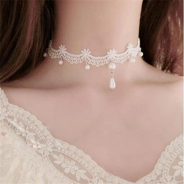 Colares colar de colarinho de pérola de renda branca para mulheres meninas elegantes colar de gargantilha de renda doce
