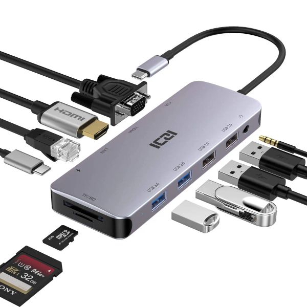 Hubs USB C Hub, Typ C Hub, ICZI 11 in 1 Adapter mit Ethernet, 4K USB C bis HDMI, VGA, 2 USB 3.0 2 USB 2.0, SD/TF -Kartenleser, MIC/Audi