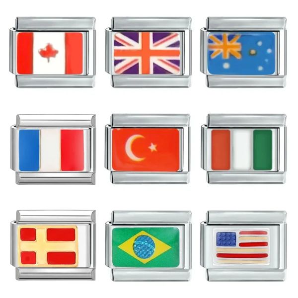 Strands Frankreich Kanada Spanien Großbritannien Türkei Flagge Italienische Perlen Edelstahl Fit 9mm Italienisch Charmalme Armband DIY machen Halloween -Geschenke