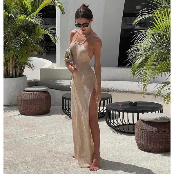 Swimwear femminile 2024 Copertura raggruppata su spiaggia sexy Vedi attraverso Maxi Slit BodyCon Abito estivo Bikini Coperture eleganti Halter Beachdress