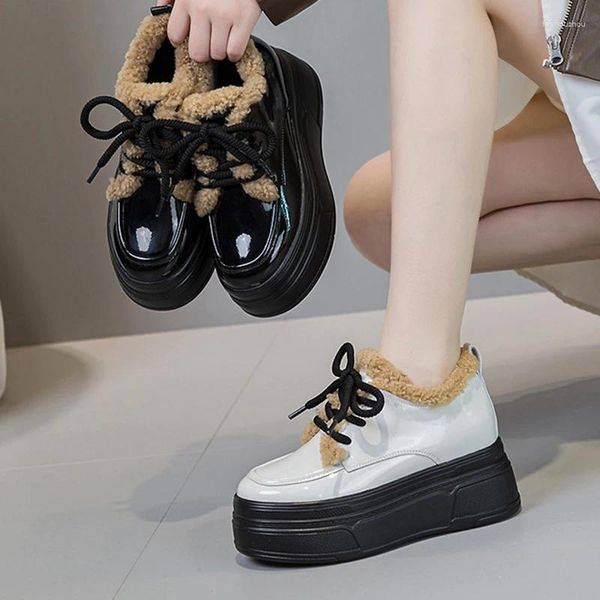 Lässige Schuhe Winter Patent Leder Frauen Plattform warm warm dicker Sohle weiblicher Gummi -High Heels Schuh Schuh