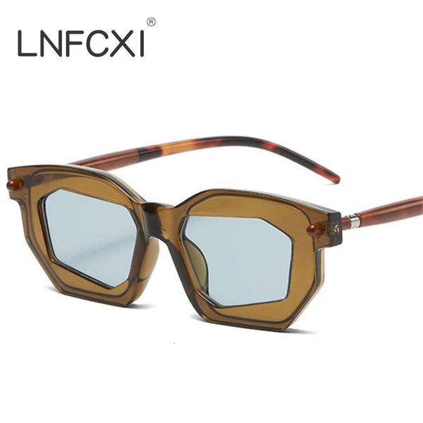 Lnfcxi polygon Frauen doppelte Sonnenbrille Mode Clear Linsen Gläser Rahmen Männer Punk Nieten Einzigartige Sonne UV400 240423